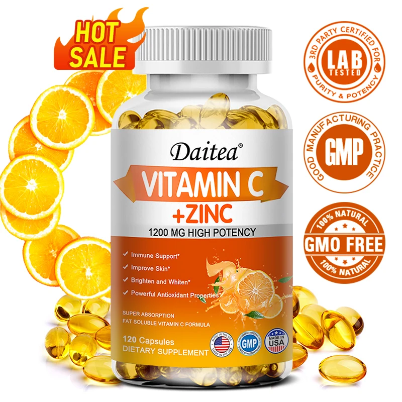 

Vitamin C + Zinc Supplement -1200 mg Helps supplement collagen, antioxidants, energy production, immunity, metabolism