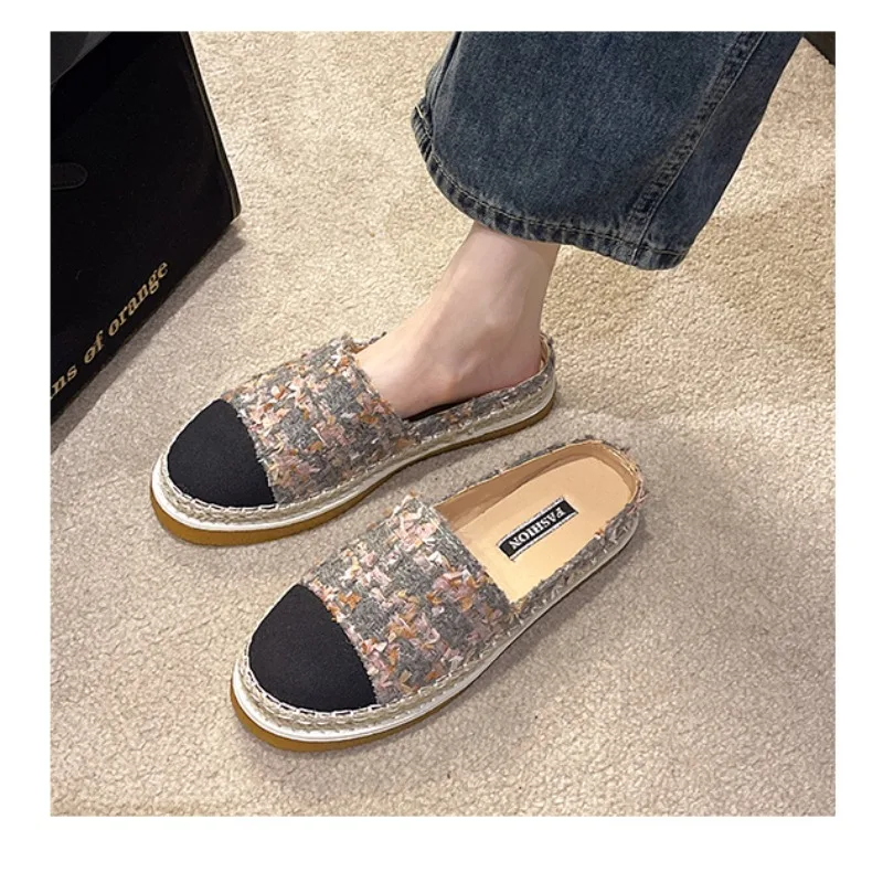 

Luxury Pink Tweed Mule Loafers Woman Elegant Round Toe Sneakers Ladies Brand Design Thick Sole Slip-on Shoes Slippers