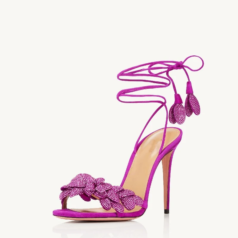 

Sexy Crystal Flower High Heel Sandals Fashion Leaves Design Tassels Ankle Cross Strap Woman Dress Shoes Large Size Party Shoe 40