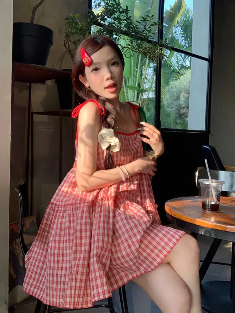Women Sweet Preppy Style Mini Dress French Style Red Plaid Sleeveless Ruffles Bandage Dresses Summer Y2k Street Vintage Vestidos