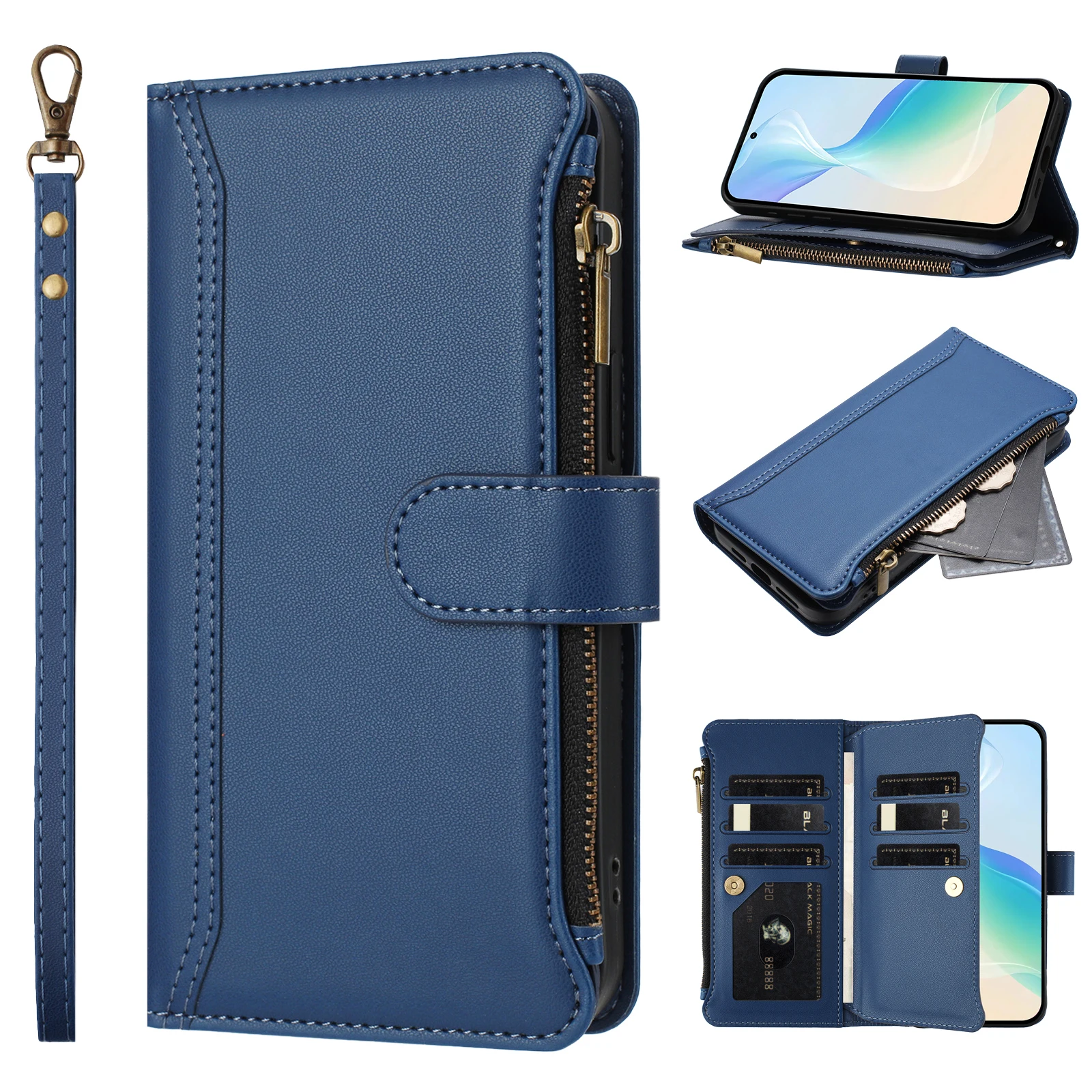 Premium Zipper Wallet Phone Case – Magnetic Leather Cover with 9 Card Slots