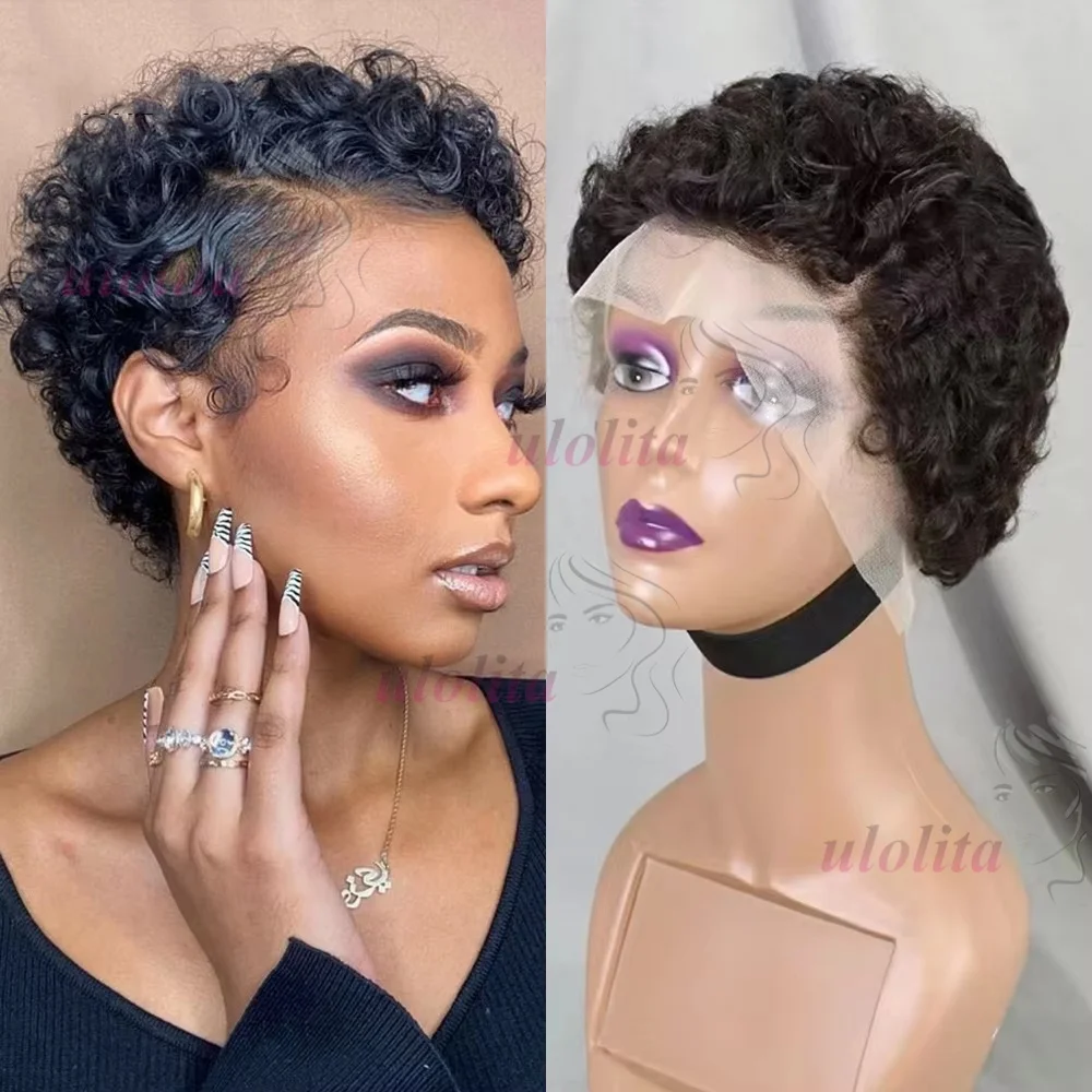 13x4 Lace Frontal Short Pixie Cut Curly Deep Wave Human Hair Wigs 180% Density 13x4 Lace Front Human Hair Wig for Black Women