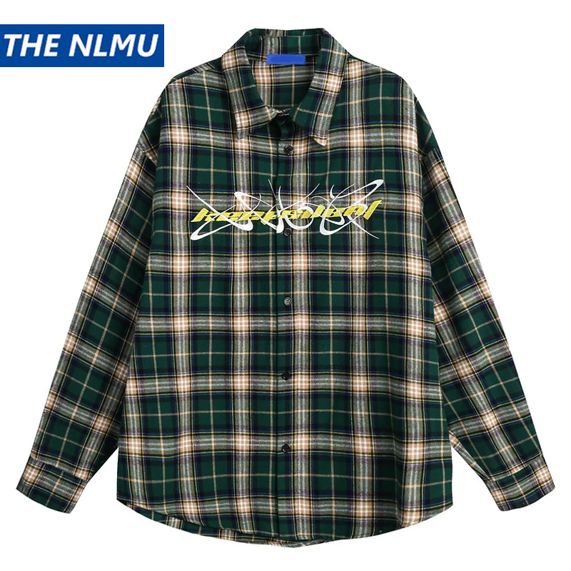 

Men Plaid Shirt Hip Hop Streetwear 2023 Autumn Long Sleeve Shirt Letter Embroidery Harajuku Shirt Oversized Casual Tops Cotton