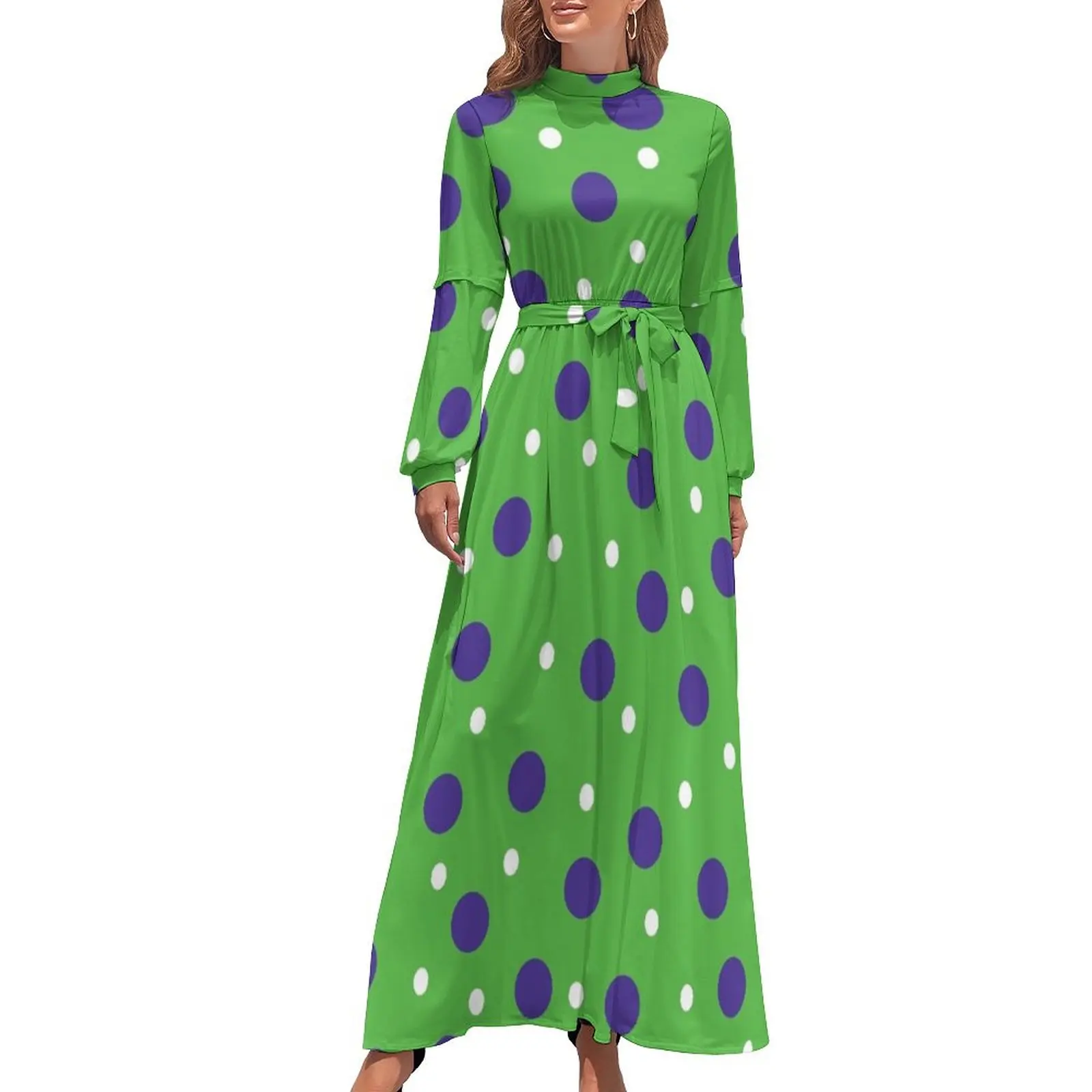 thumbnail image 1 of Vestido largo estampado verde lima con lunares morados y blancos ropa de verano para mujer 2024 vestidos de verano para mujer 2024, 1 of 5