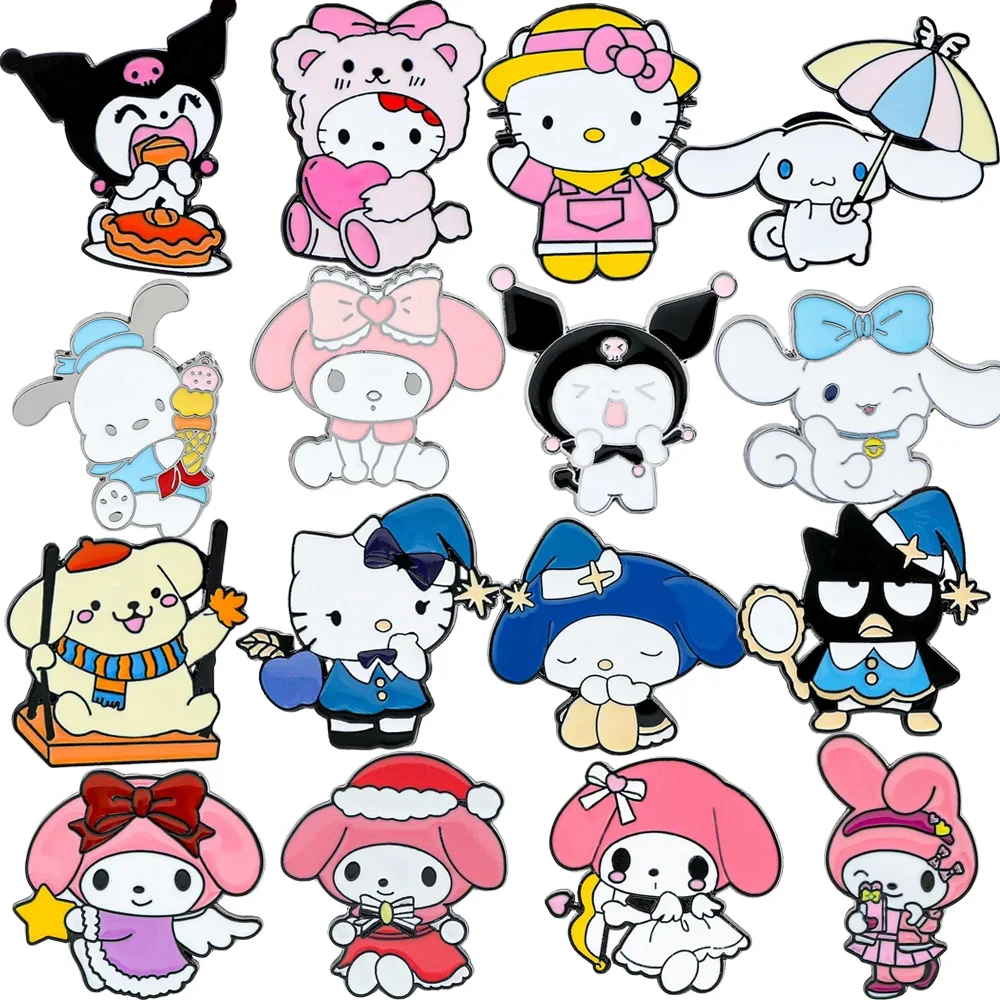 16 Peças de Broches de Moda em Estilo Cartoon, Cute Hello Kitty MyMelody, Pin de Esmalte Criativo, Acessórios de Metal para Mochila e Roupas