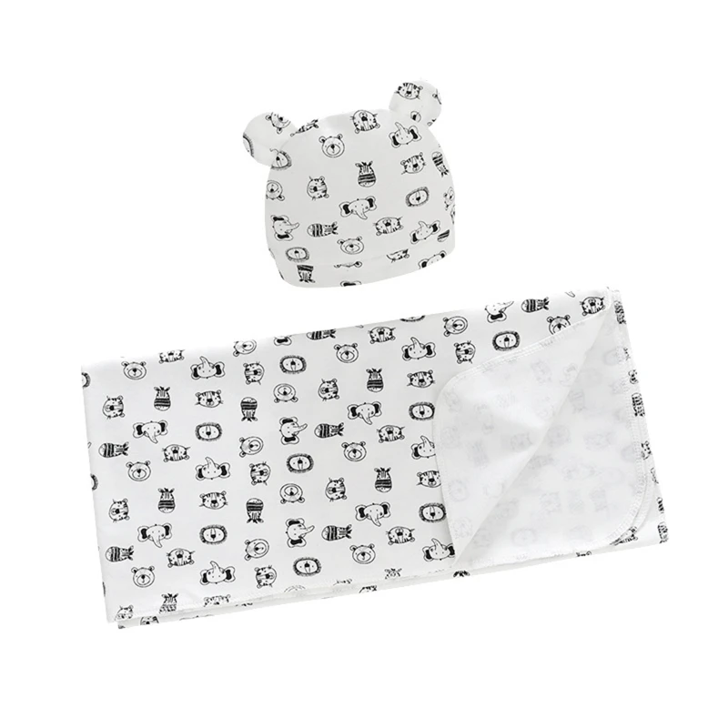 2 Pcs  수신 담요 모자 세트 꽃 인쇄 Sleepsack Swaddle 포장 귀여운 귀 모자 Turban Headwrap
