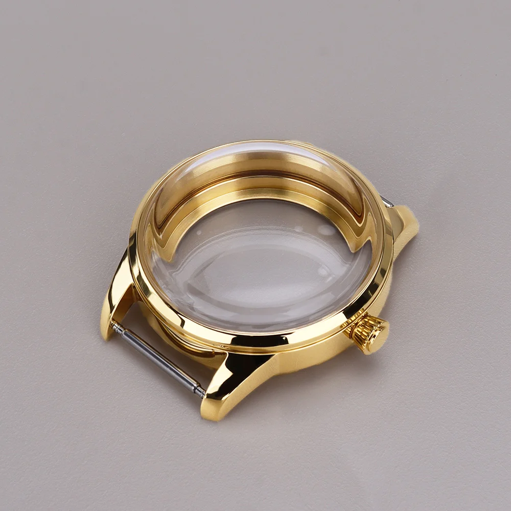 Elegant Stainless Steel Watch Case with Arched Glass and Transparent Back - Available in Silver, Gold, and Rose Gold Finishes