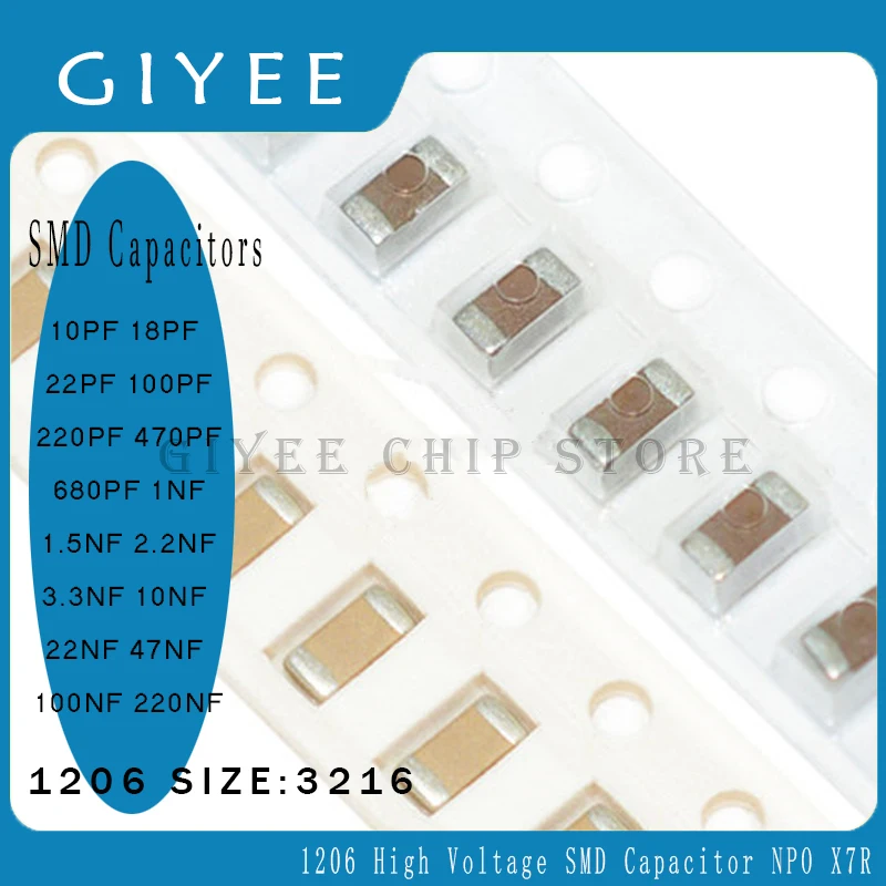 50pcs 1206 200V High Voltage SMD Chip Ceramic Capacitor 10PF 18PF 22PF