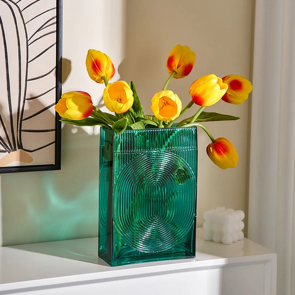 

Modern Rectangle Striped Vase for Dried Flower Home Decor Simple Living Room Tabletop Ornament Glass Flowerpot Desk Accessories