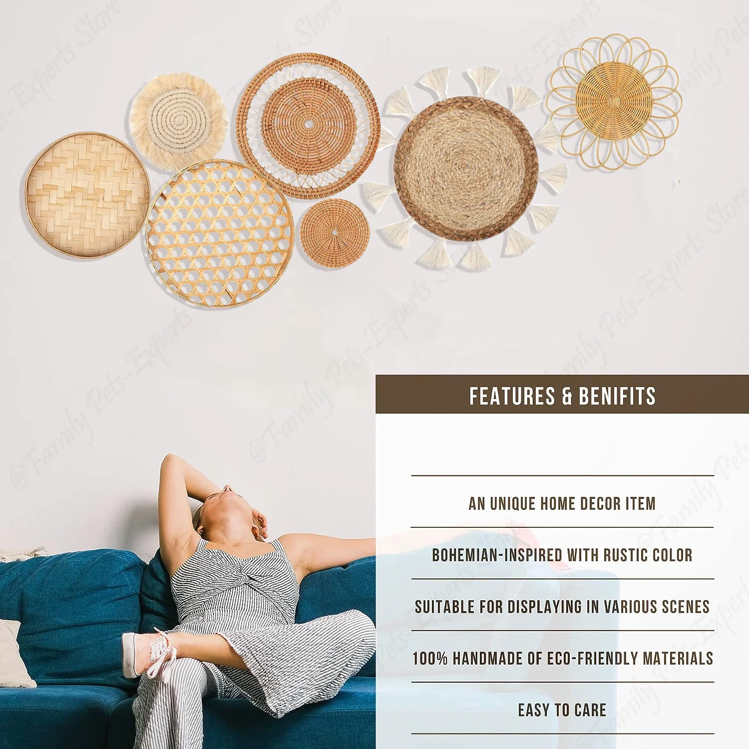 7Pcs Boho Rattan Wall Decor Hanging Woven Baskets Decor Bohemian Home Decor Handmade Wicker Wall Decor for Bedroom Farmhouse 4