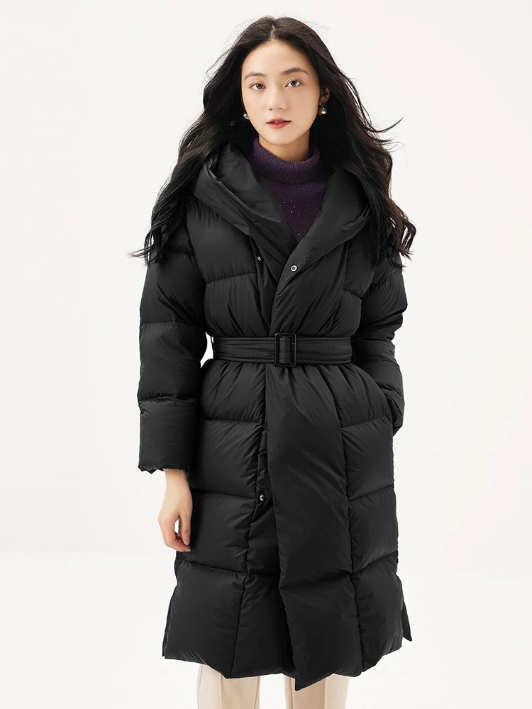 High quality Women Hooded Down jacket Loose Solid warm 2023 Winter Female Long Puffer Coat With belt Fashion Clothes INKEO 3O085