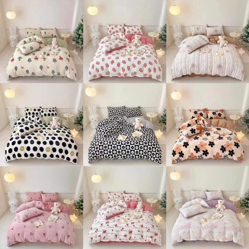 

Winter Warm Skin-friendly Flannel Bedding Set Cartoon Bear Double Sided Milk Fleece Pillowcase Sheet Cover Bedding