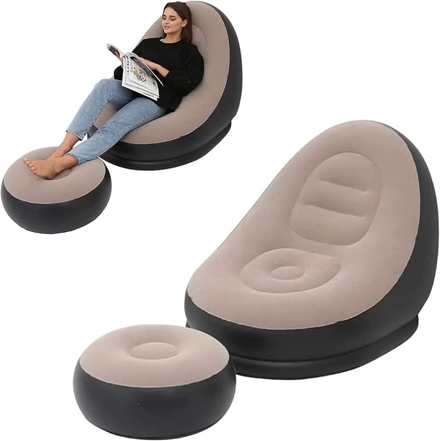 Lazy Sofa Chair Foldable Portable Flocked Recliner Footstool for Outdoor Camping Lounge Living Room Inflatable Tatami Chair