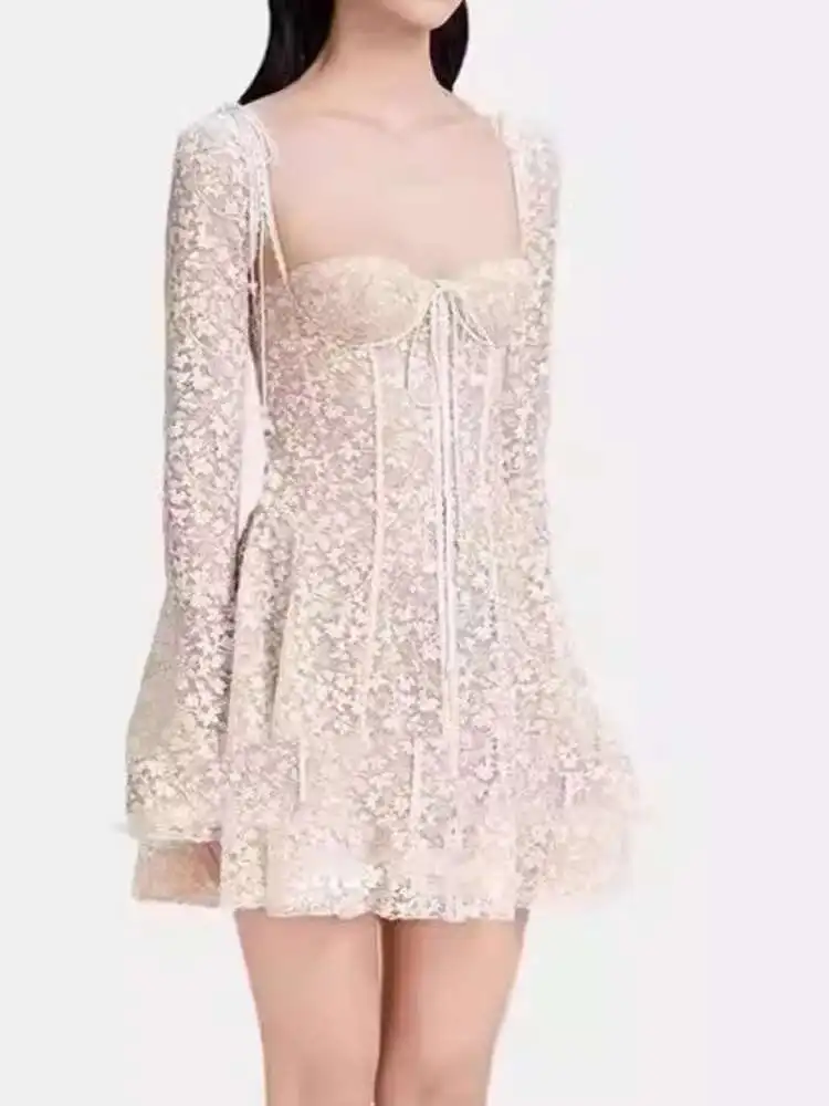 UCXQ Women's Dress Fairy Style Lace Hollowed Out Strapless Dress Elegant  Flared Sleeves Ribbon Short Dresses 2025 New Summer - AliExpress 200000345