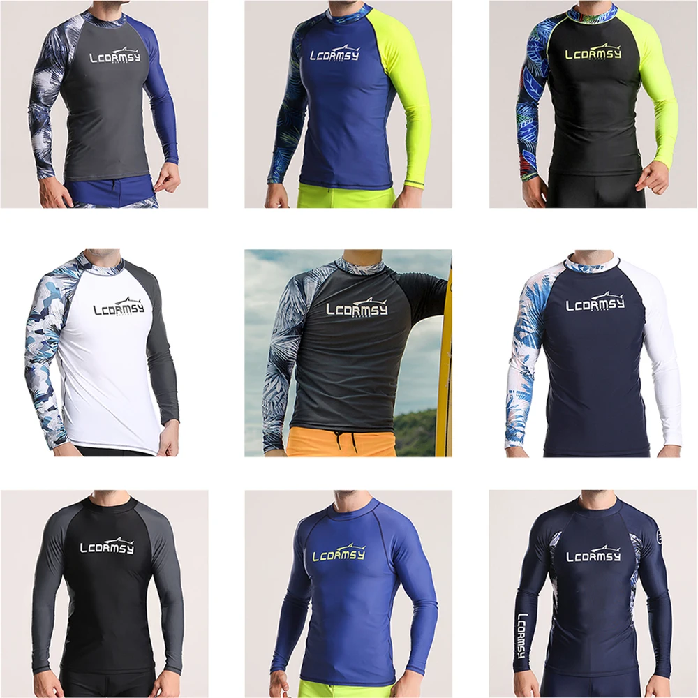 Men's High Elastic Sunscreen Shirts Long Sleeve Surf Top Water Sports Fitness Quick Dry UPF 50 +