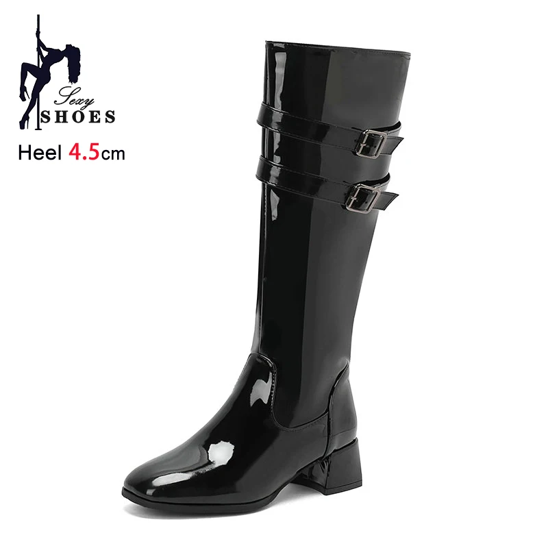 Women's Buckle Block Heel Knight Boots With Side Zipper Fashion Black Knee High Boots 4.5CM Square Toe Women Autumn Winter Shoes