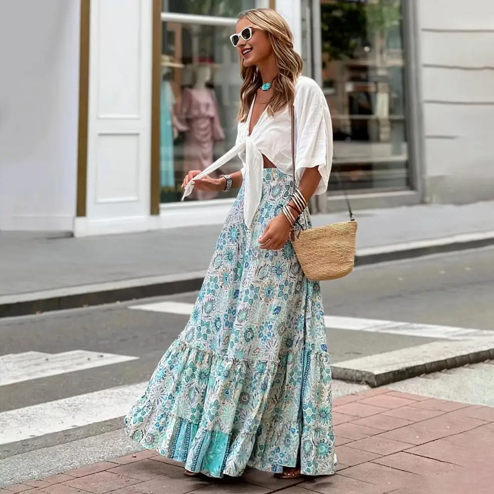 

Flowy Vacation Maxi Skirt Bohemian Print Maxi Skirt with High Waist Tassel Lace-up Detail Floral Print Ruffle for Women's