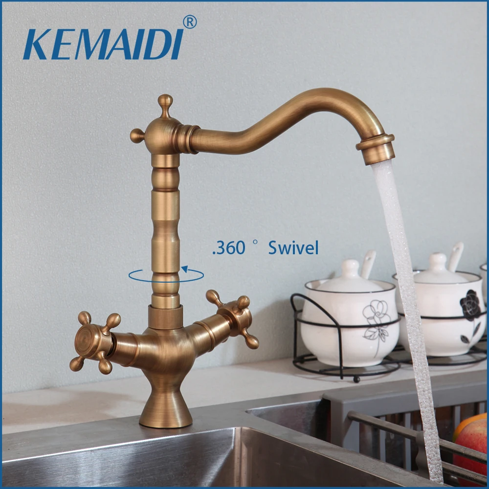 

KEMAIDI Antique Brass Kitchen Faucet Dual Handle Faucets Hot And Cold Water Mixer with 360 Swivel Spout Deck Mounted Tap