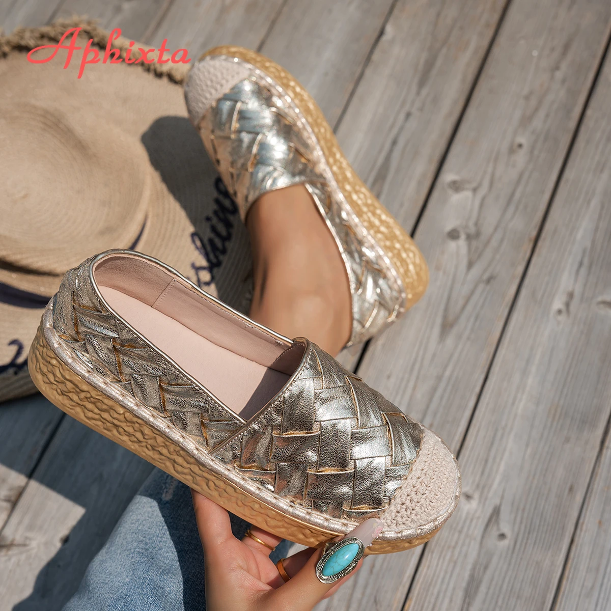 Aphixta New Flat Platform Women's Casual Shoes 4.5cm Chunky Heels Silver Gold Loafers Weave Design Autumn Woman Flats Size 35-43