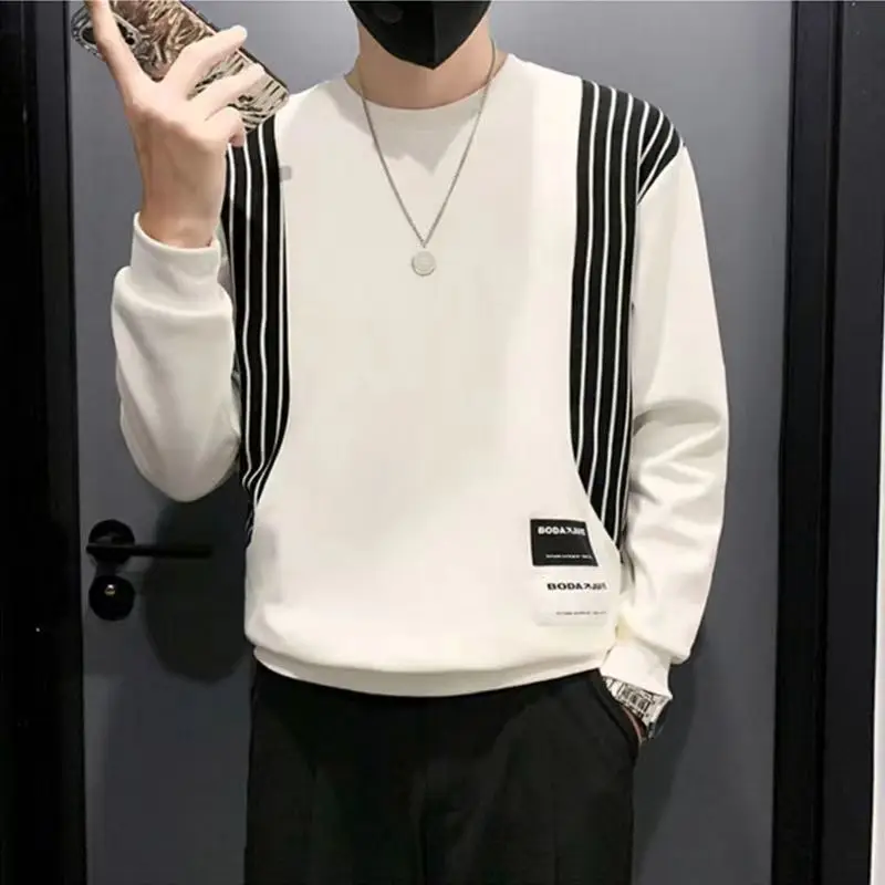 Men's Round Neck Striped Hoodies Spring and Autumn Fashion Loose Thin Long Sleeve Patchwork Letter 2023 New Pullover Casual Tops