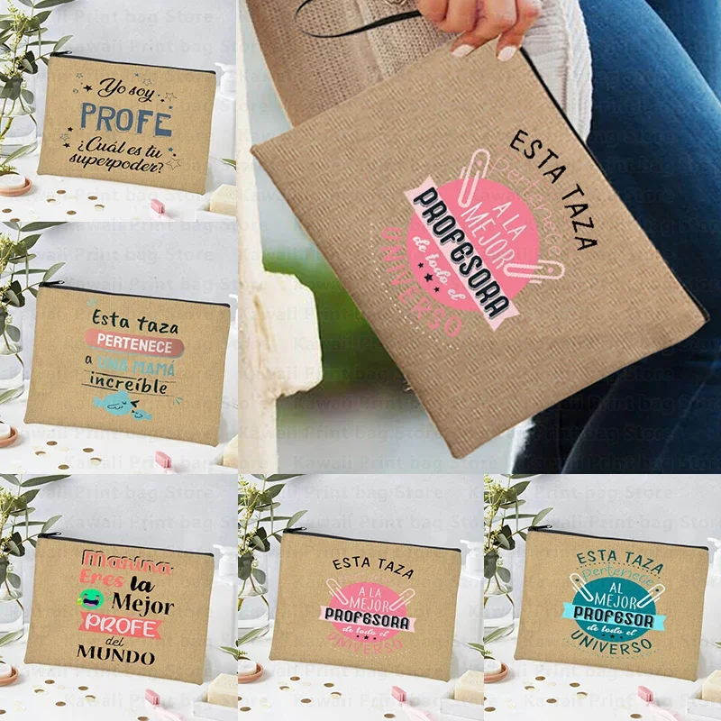 

Travel Makeup Bag Toiletry Pouch Gifts Best Teacher In The Word Spanish Print Pencil Bag School Stationery Supplies Storage Bags