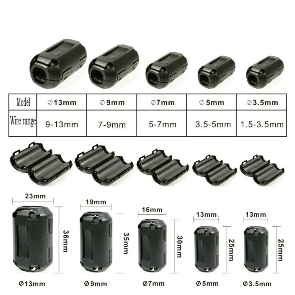 Snap Type Ring Core Ferrite Bead Clamp Anti-interference Filter Clip 3.5/5/7/9/13mm Cable Connector