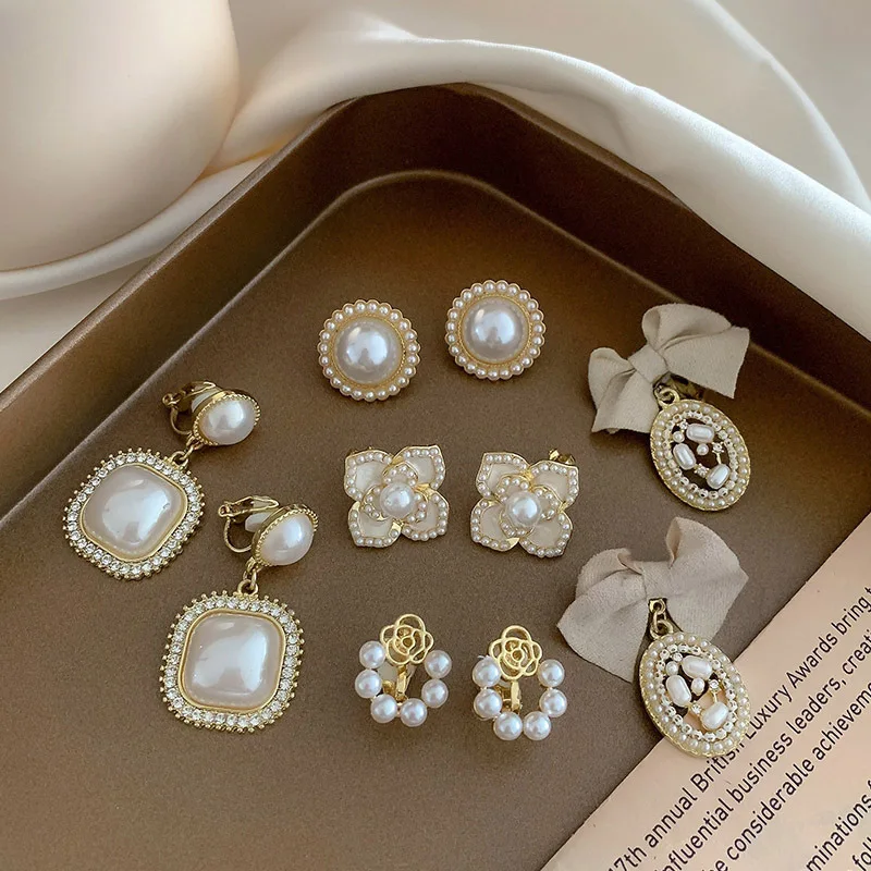 1Pair Pearl Ear Clip Earring For Women Non Piercing Clips On Earrings Stud Jewelry Fake Piercing Crystal Ear Cuffs Fashion Gifts ear clip earrings