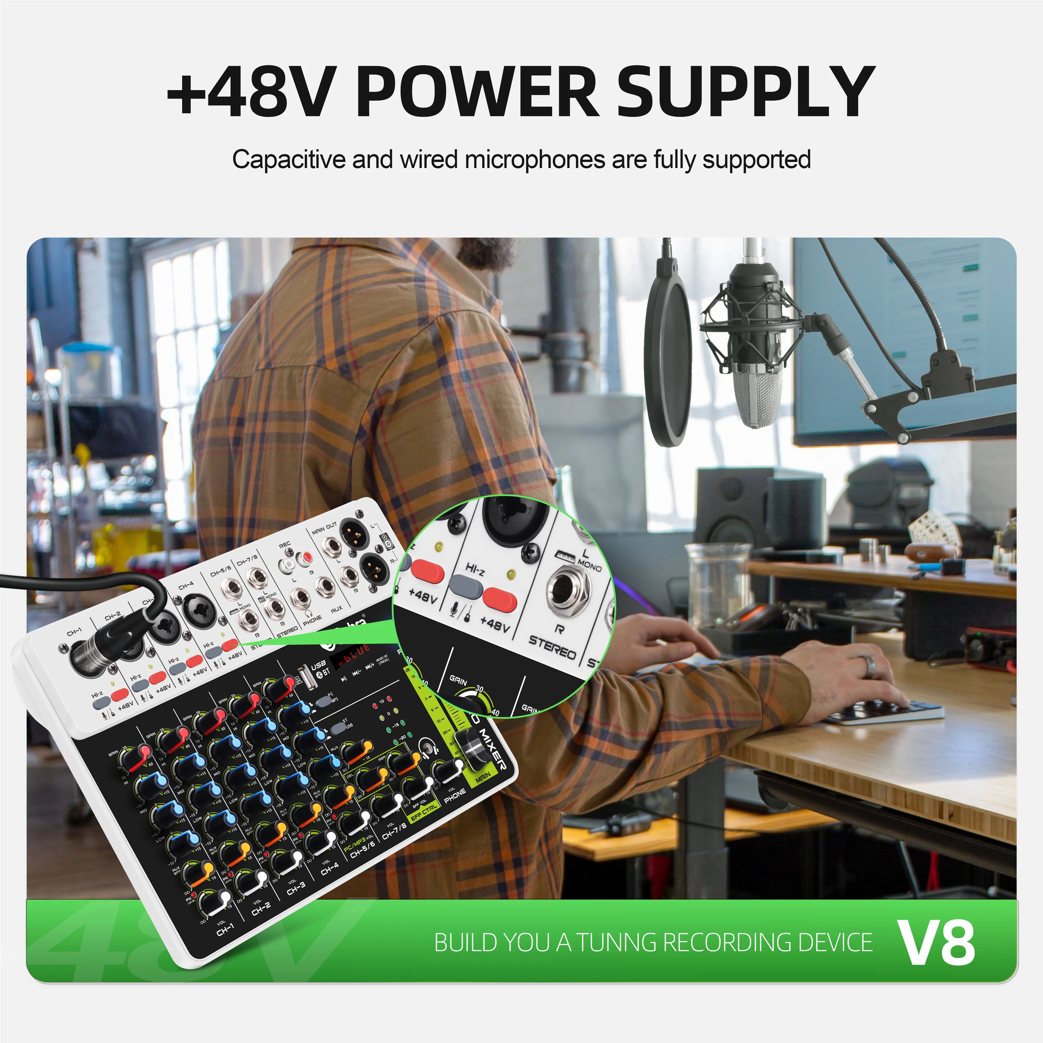V8 Audio-Interface-Mixer mit Bluetooth 5.0 und Phantomspeisung für Computeraufnahmen, Bühne, Band-Delay-Effekte und DJ-Mischpult – Detail 7
