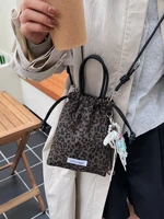 Fall Winter Brown Leopard Print Small Buet Bag Women's New 2025 Dstring Handheld Crossbody Phone Bag Soft Canvas