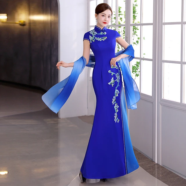 Abiti cinesi in raso Sexy blu abito donna Large Size Slim Qipao paillettes  lunghe Evening Party Mermaid Cheongsam abiti eleganti - AliExpress