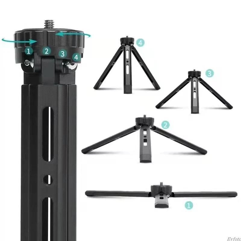 Vue rapprochée de la rotule et du plateau de montage du mini trépied en aluminium pour appareil photo DSLR.