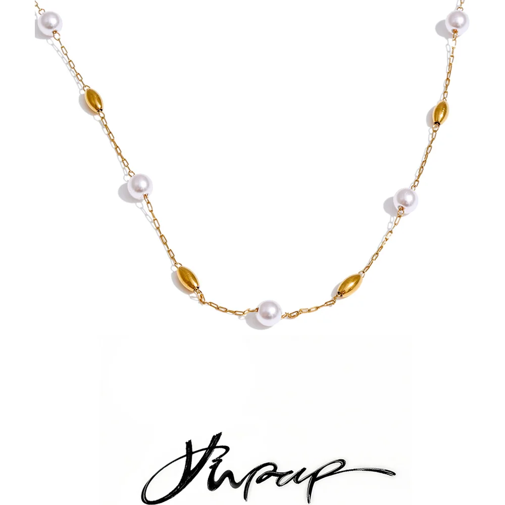 Yhpup Necklace Stainless Steel Simulated Pearls Bead Chain Narcissus Jewelry