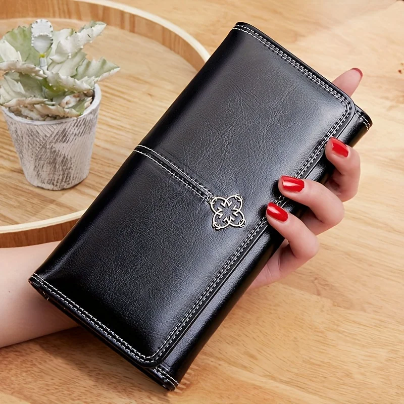 Women's long pu leather wallet fashion retro large capacity clutch new multi card position soft money clip