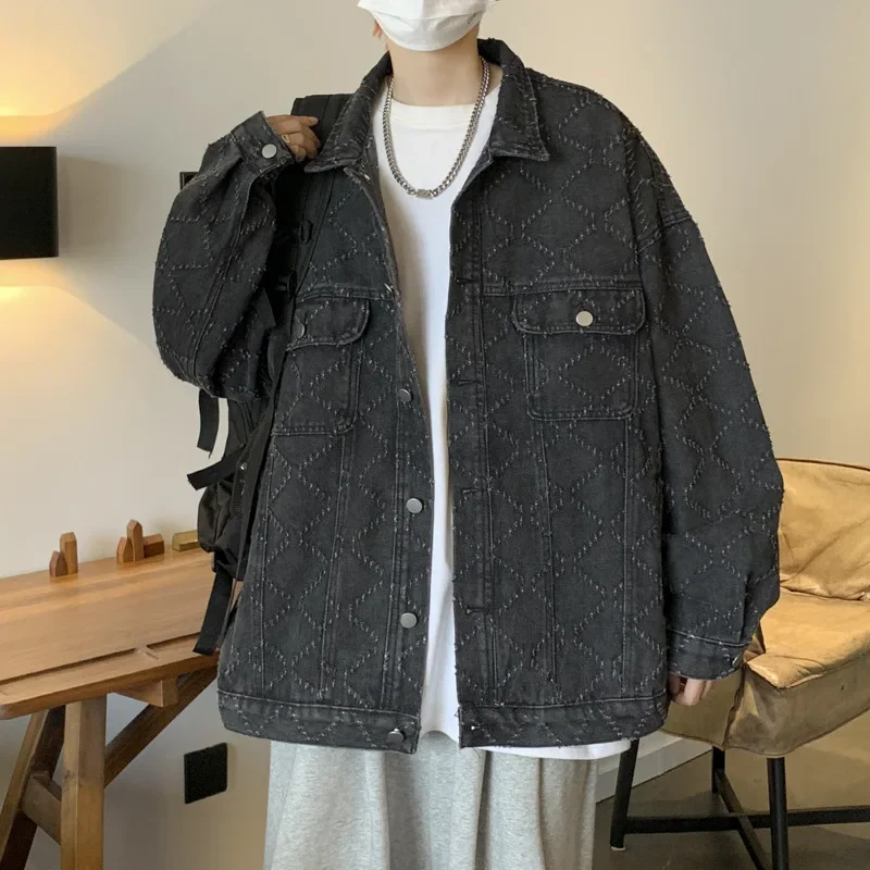 루즈핏 학생 체크무늬 라펠 가디건, 데님 재킷, 캐주얼 홍콩 스타일, 트렌디 브랜드, 남성 용수철 가을 패션