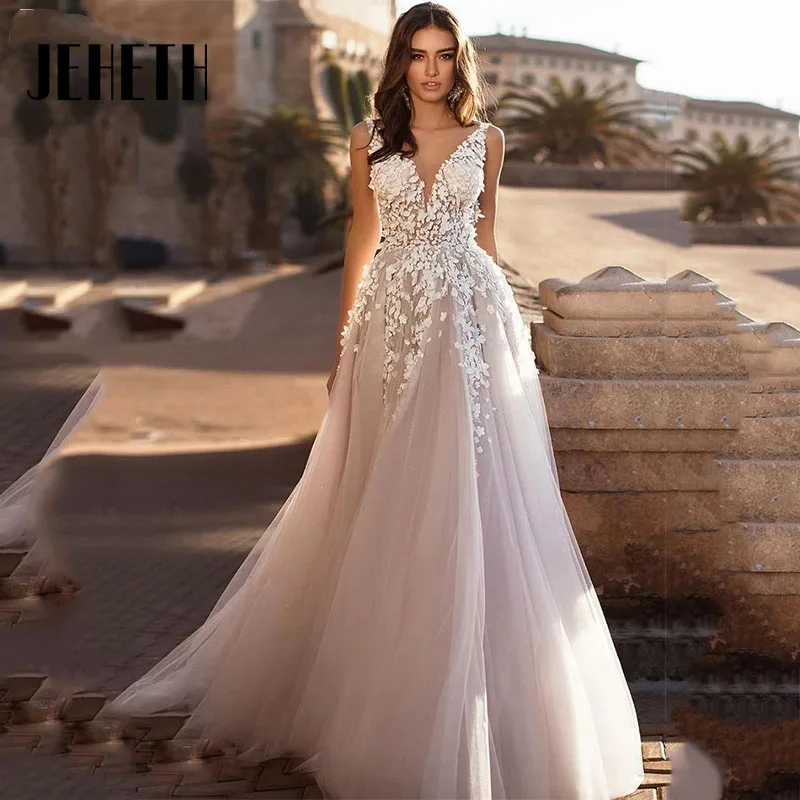 

JEHETH Elegant A-Line Lace Wedding Dress 2023 Sexy Applique Backless Tulle Bridal Gowns Sweep Train Custom Made Vestido De Novia