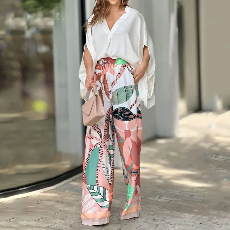 Women's Pants Suit 2023 Summer Outfit Work White V-Neck Bat Sleeve Blouse Top and Fashion Print High Waist Wide-Leg Pants Suit blouses floral button o neck blouse in blue size l m s xl