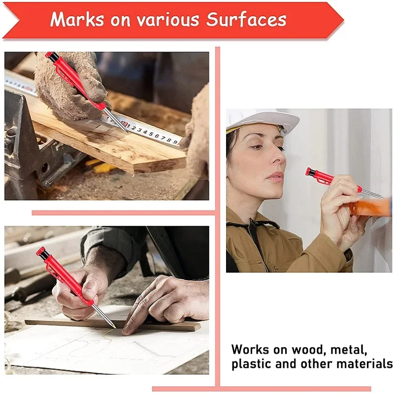 Solid Carpenter Pencil and Built-in Sharpener with Refill Leads for Deep Hole Mechanical Pencil Marker Marking Woodworking Tools