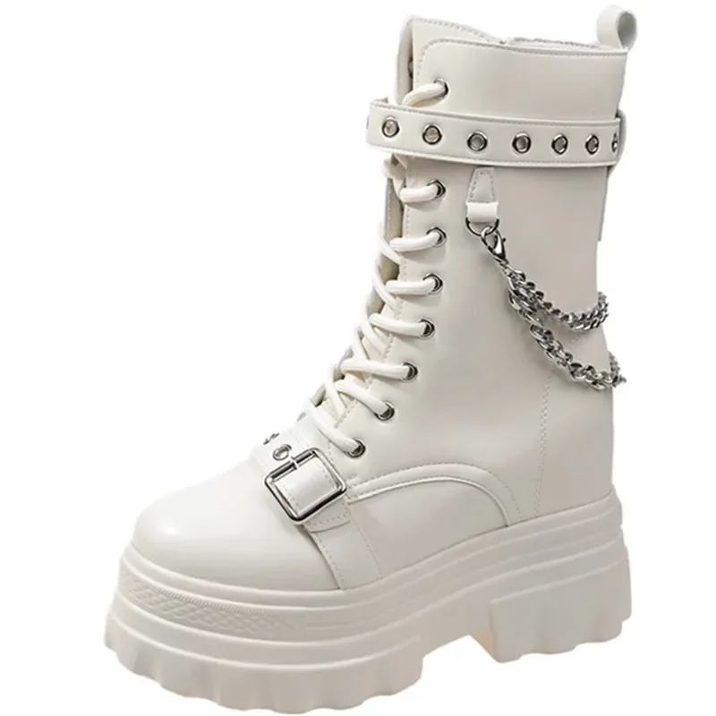 

Women Punk Boots Fashion Chunky Leather Sneakers 10CM Wedge Buckle Rivet Platform Motorcycle Ankle Boots