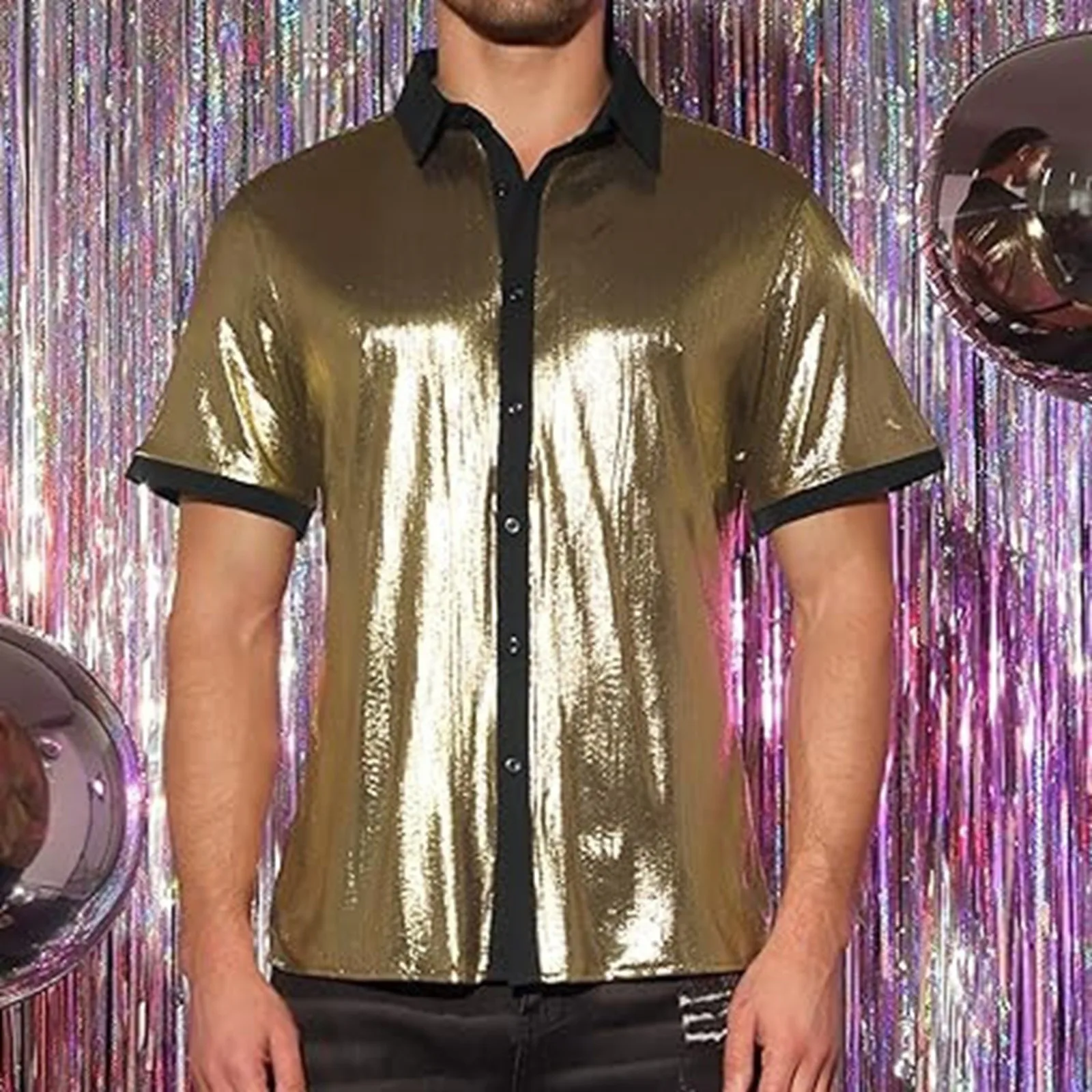 Luxury Royal Blue Sequin Metallic Dress Shirts Men 2024 New Long Sleeve 70'S Disco Party Shirt Male Christmas Halloween Costume