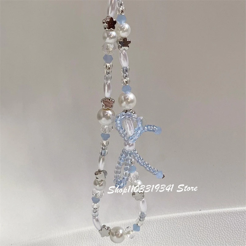 한국어 Y2K 귀여운 3D 핑크 블루 Bowknot 페르시 전화 매력 체인 전화 액세서리 전화 스트랩 Anti-Lost Lanyard 교수형 밧줄