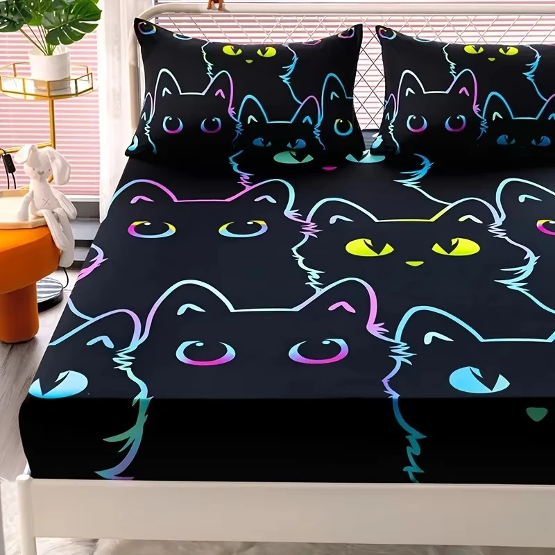 3D Cute Cat Fitted Sheet Set Dustproof Non-slip All Season Mattress Protector Soft Breathable Bedding Set With Deep Pocket 3
