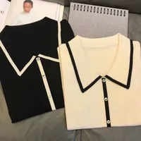 Women Fashion Black White Patchwork Polo Shirts Summer Casual Loose Short Sleeve Knit T-shirt Office Lady Chic Button Pullovers - Image 4