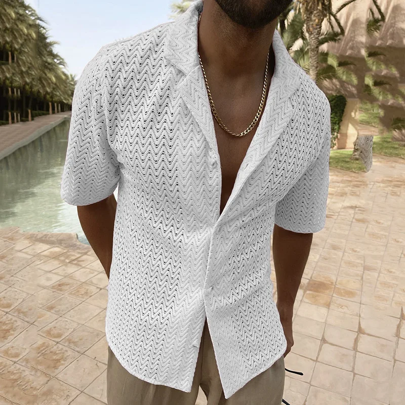 Men's Cardigan Sweater 2023 Summer New Hollow-Out Lapel Loose Solid Color Large Size Cardigan