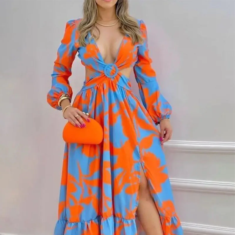 

2023 Summer Women Long Sleeved Cutout V-Neck Twist Summer Elegant Tie Dyed Floral Printed Lantern Sleeve Split Thigh Maxi Dress