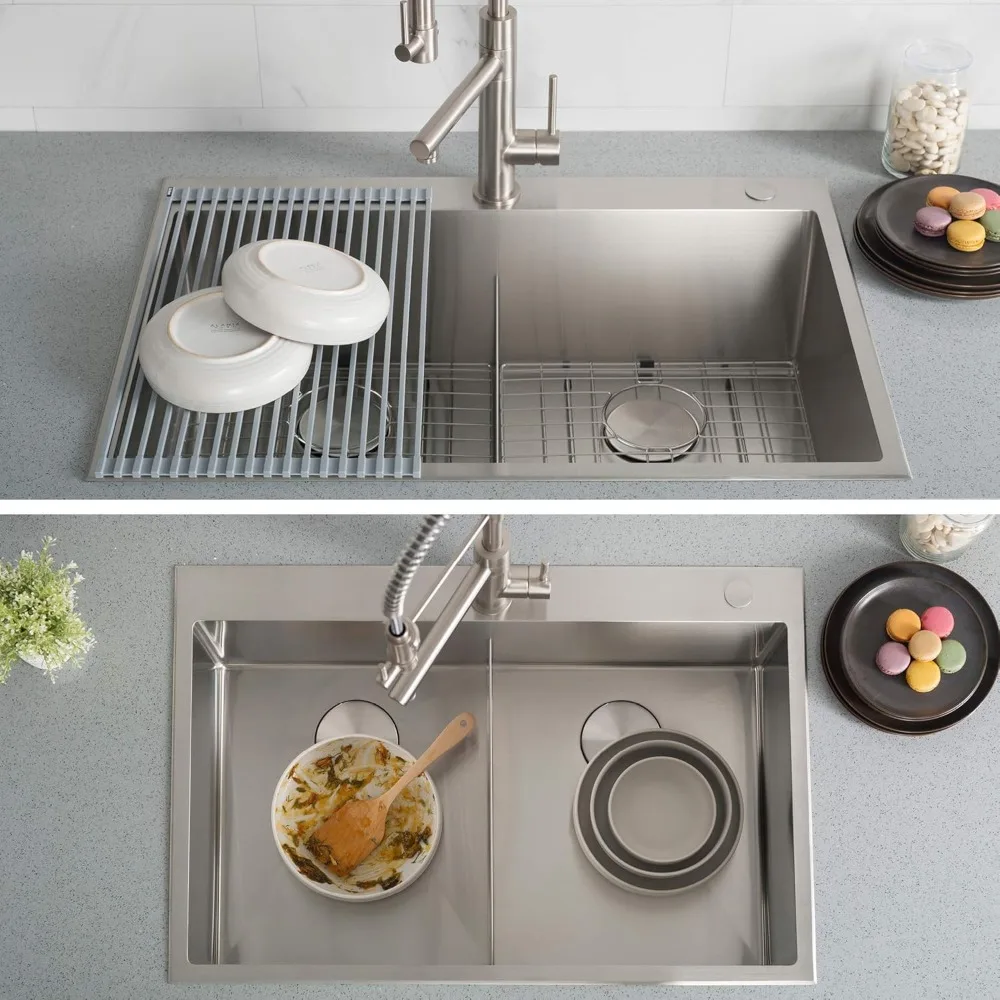 33-inch Drop In/Undermount 16 Gauge Double Bowl 2-Hole Stainless Steel Kitchen Sink Sinks Multifunction Fixture Home Improvement 3