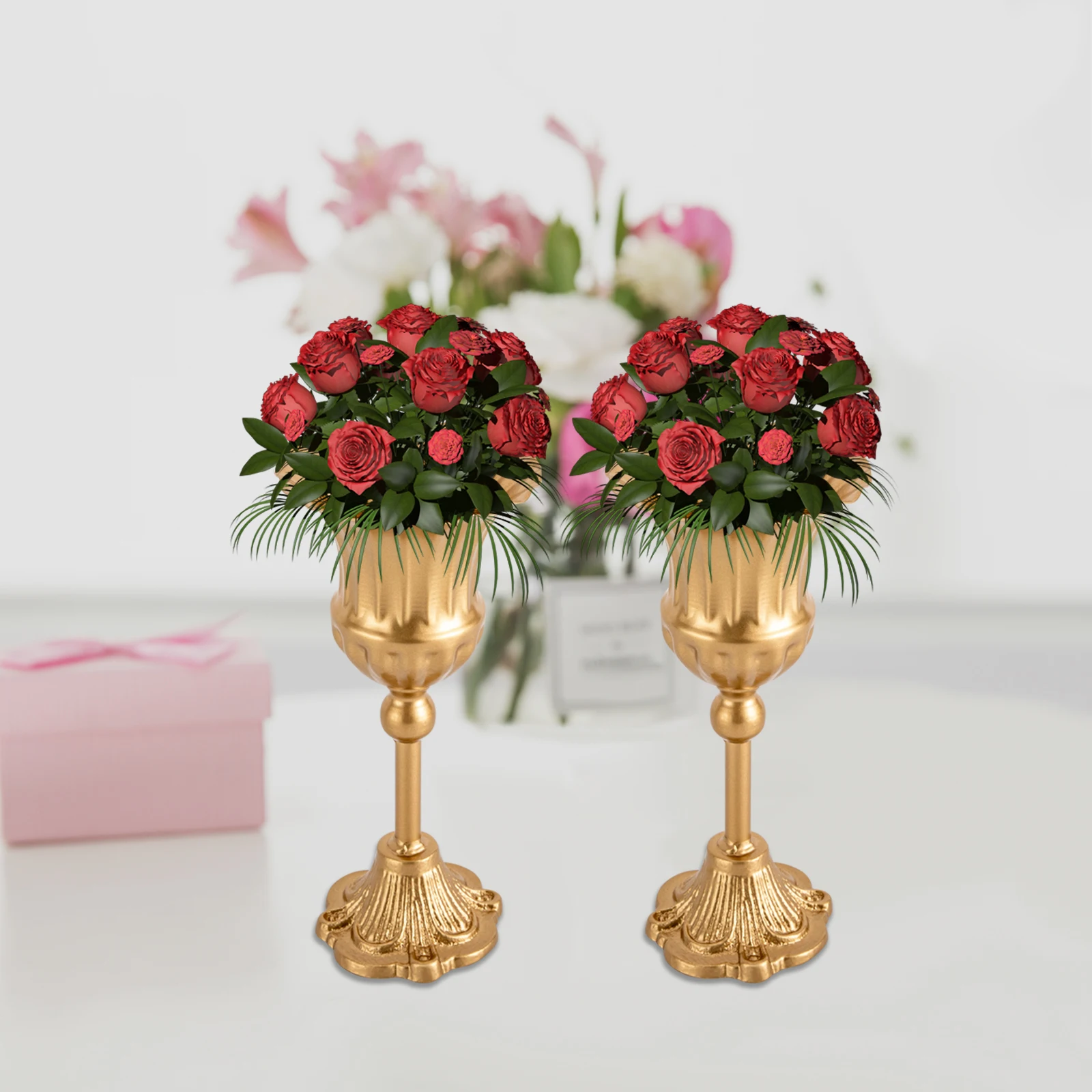 

Metal Vases Wedding Centerpieces Decoration 2Pcs 9.4 in. Tall Urn Pot Planter Silk Flower Arrangement