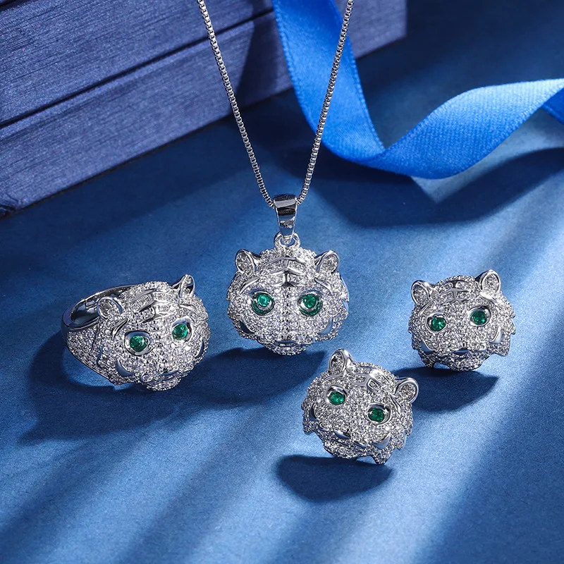 

2022 New In Retro Silver Tiger Leopard Pendant Necklace Adjustable Ring Earrings Women Jewelry Friends Gift Gothic Accessories