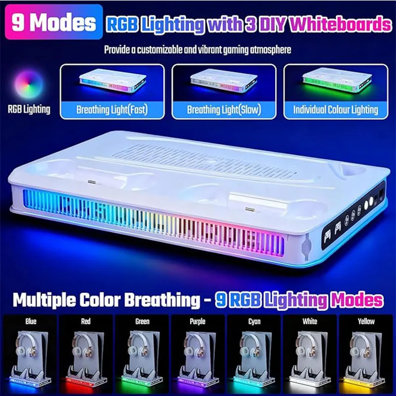 듀얼 컨트롤러 충전기가 포함된 PS5 RGB 쿨링 스테이션, PS5/PS5 슬림/PS5 프로 호환, LED 모드 지원 팬 스탠드