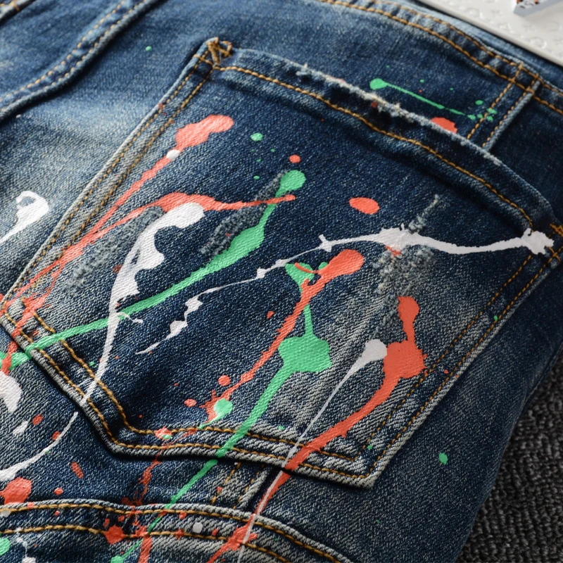 Street Fashion Men Jeans Retro Blue Stretch Slim Fit Painted Ripped Jeans Men Spliced Designer Hip Hop Denim Biker Pants Hombre men jeans ripped jeans ripped patchwork jeans