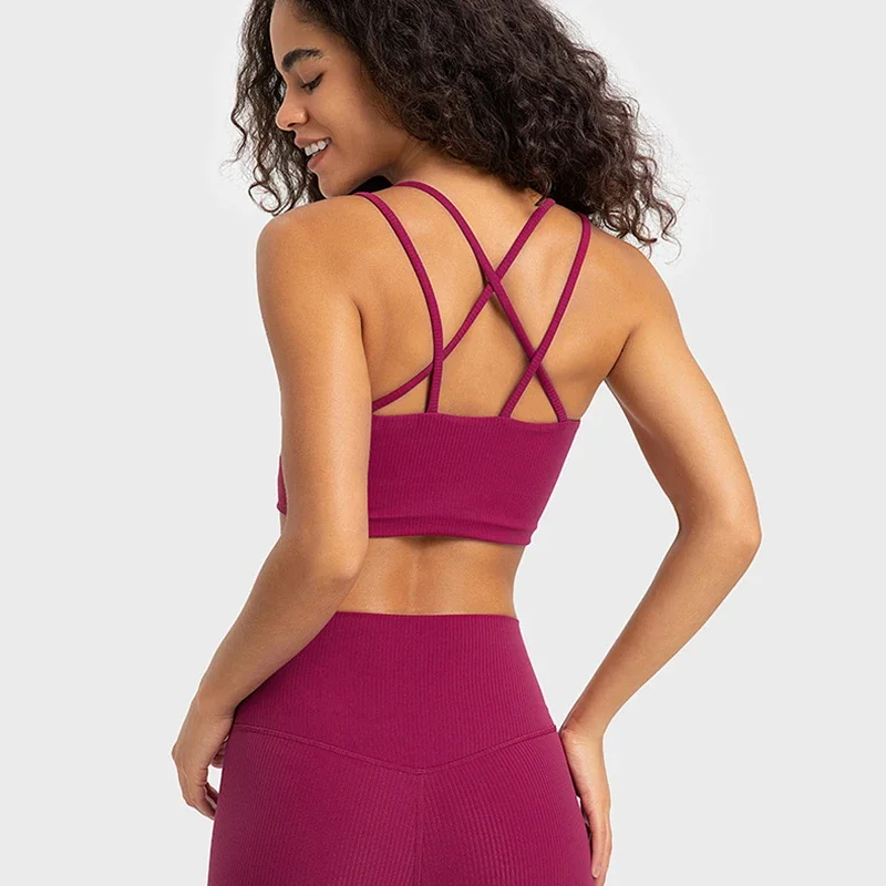 

With Logo Women Ribbed Sports Yoga Bra Fixed Pads Double Strappy Back High Support Fitness Underwear Gym Push Up Crop Tops